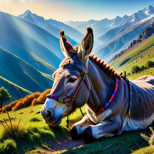 Image of a sleeping of a donkey in the mountains