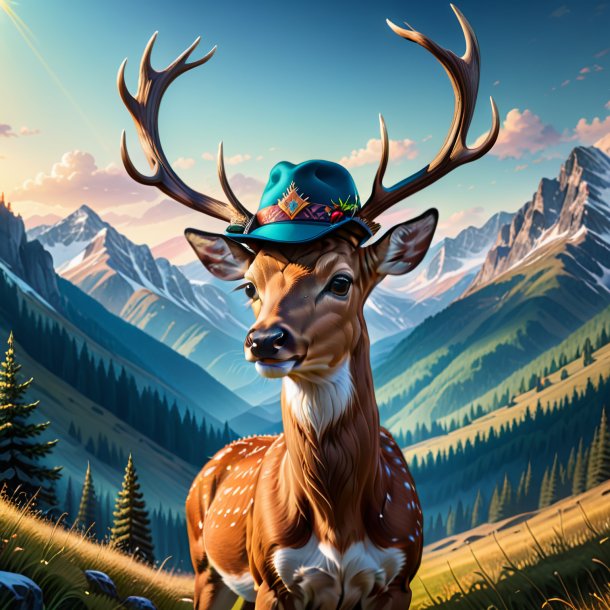 Drawing of a deer in a hat in the mountains