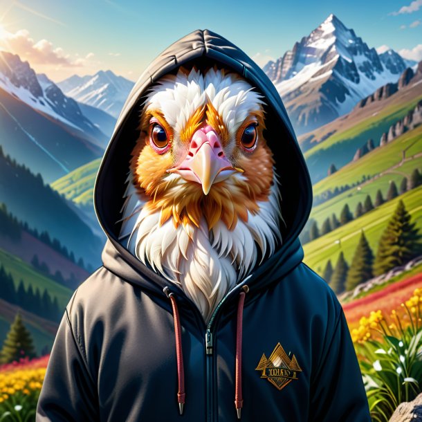 Illustration of a hen in a hoodie in the mountains