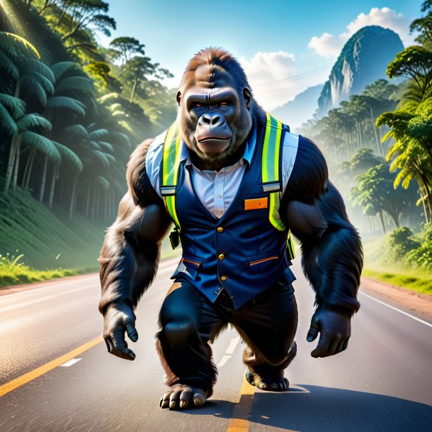 Picture of a gorilla in a vest on the road