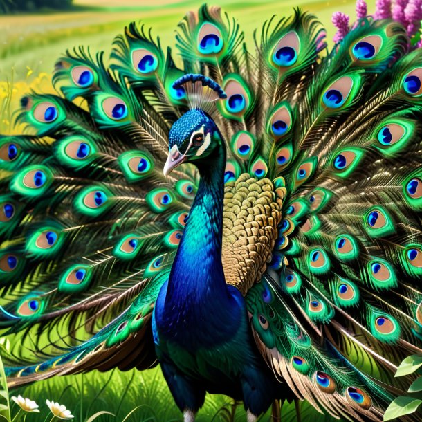 Drawing of a peacock in a belt in the meadow