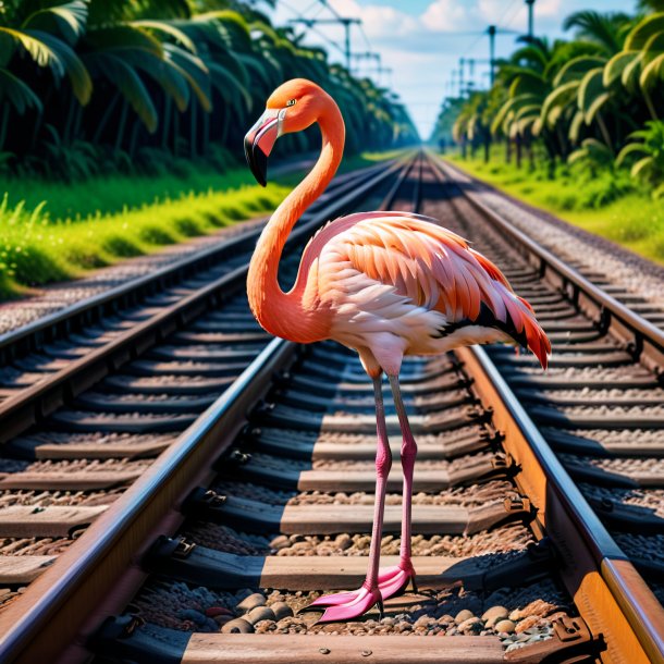 Foto de una sonrisa de un flamenco en las vías del tren