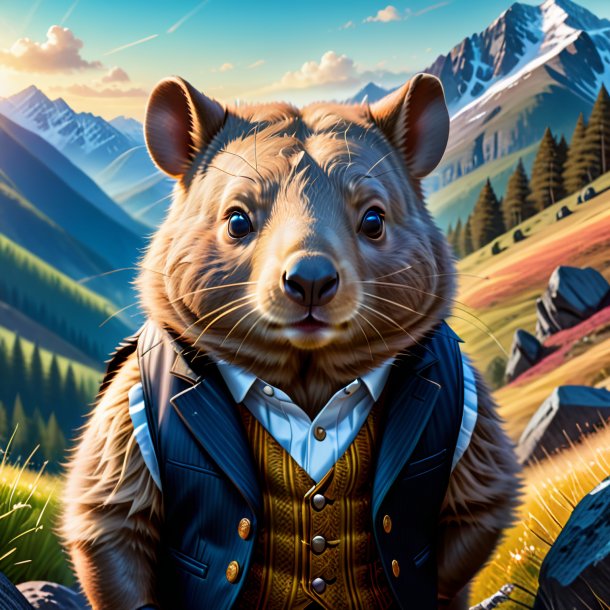 Illustration of a wombat in a vest in the mountains