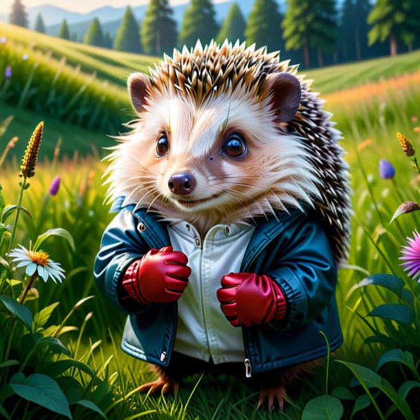 Illustration of a hedgehog in a gloves in the meadow