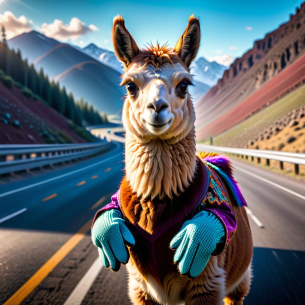 Foto de una llama en guantes en la carretera