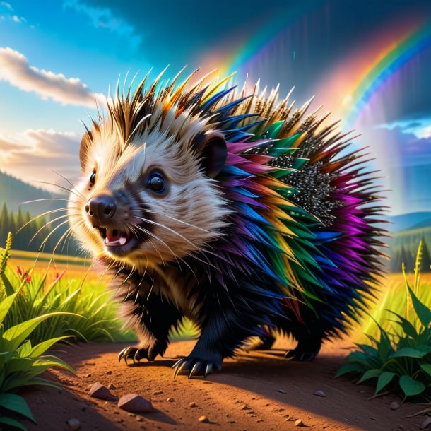 Photo of a dancing of a porcupine on the rainbow