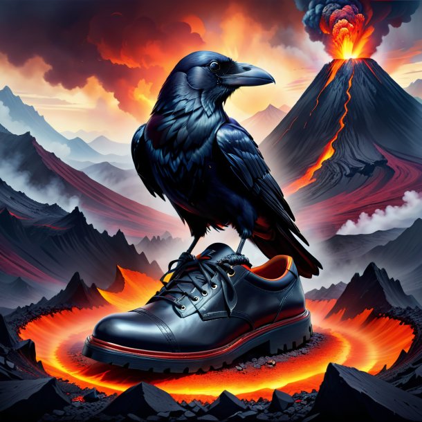 Drawing of a crow in a shoes in the volcano