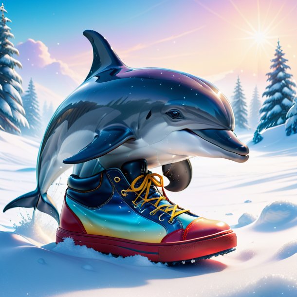 Illustration of a dolphin in a shoes in the snow