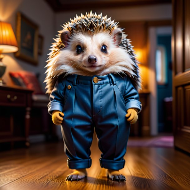 Image of a hedgehog in a trousers in the house