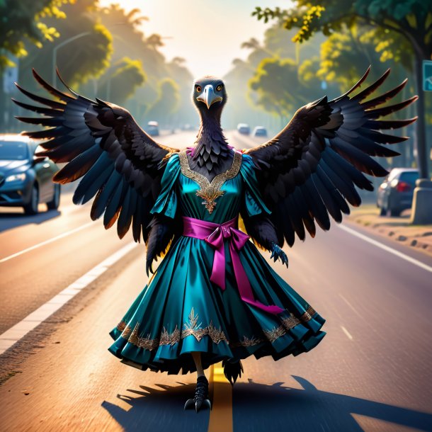 Illustration of a vulture in a dress on the road