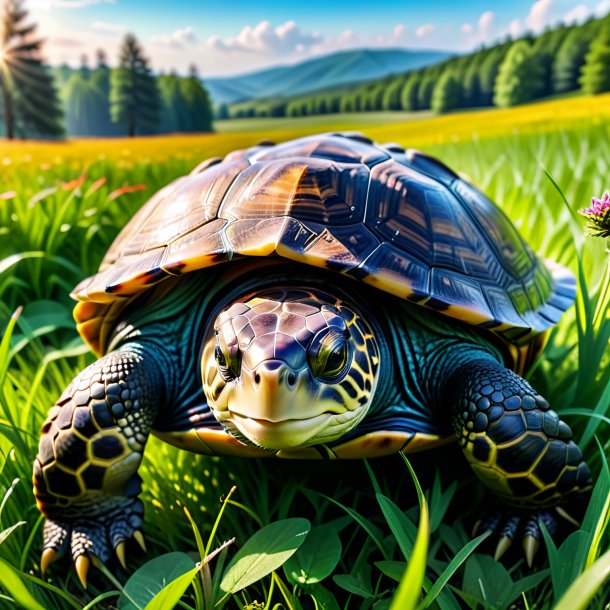 Pic of a turtle in a belt in the meadow