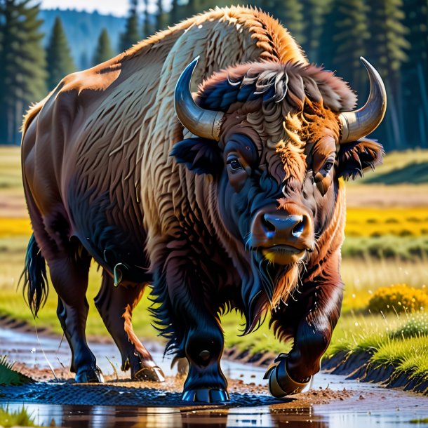 Image of a bison in a belt in the puddle