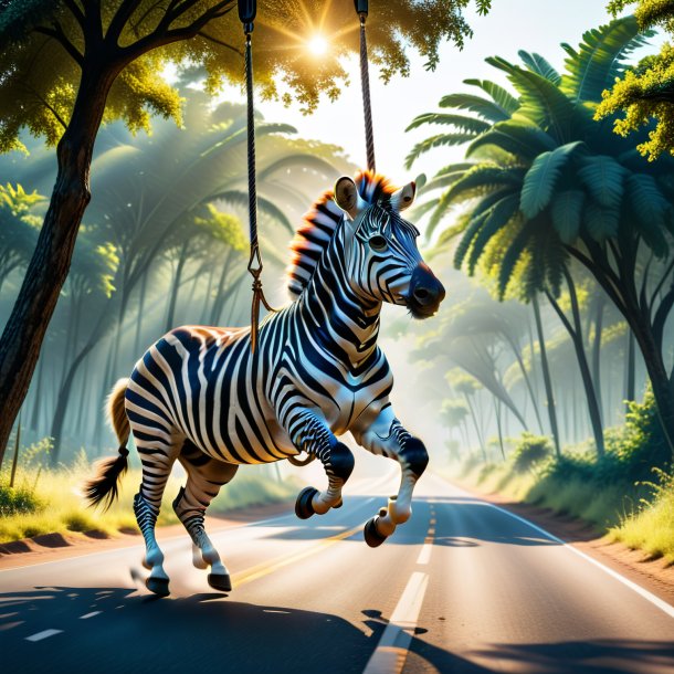 Picture of a swinging on a swing of a zebra on the road