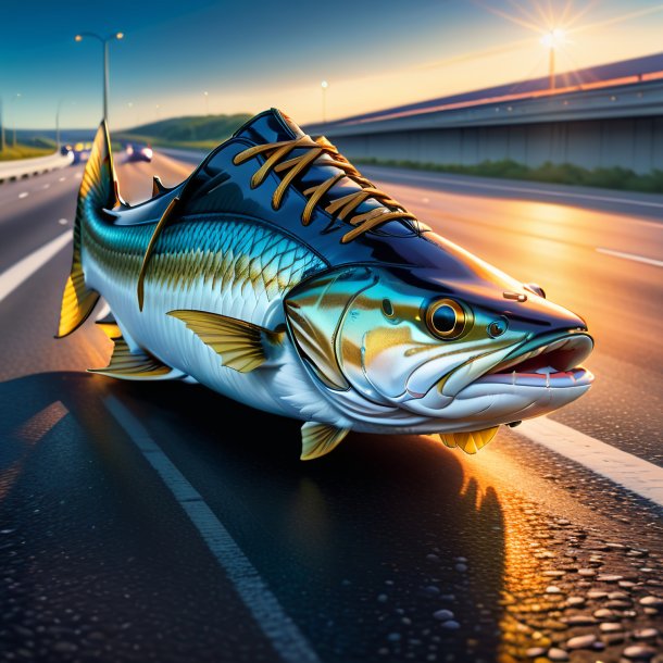 Drawing of a haddock in a shoes on the highway