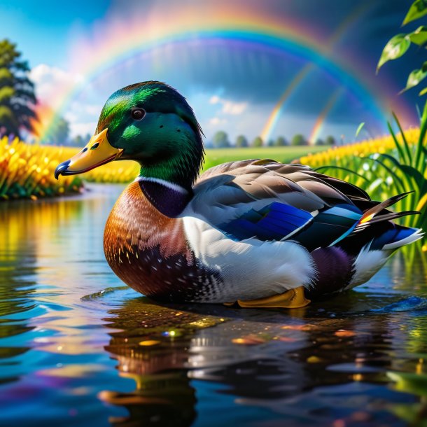 Photo d'un repos d'un canard sur l'arc-en-ciel