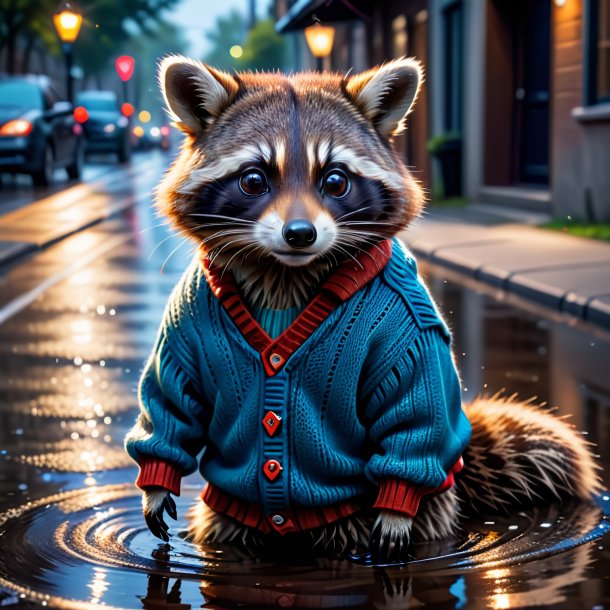 Photo of a raccoon in a sweater in the puddle