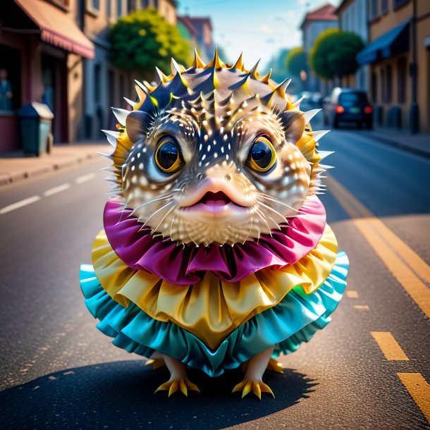 Image of a pufferfish in a dress on the road