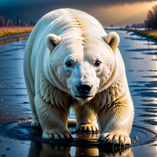 Photo of a polar bear in a belt in the puddle