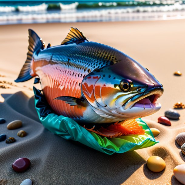 Pic d'un saumon dans un gants sur la plage