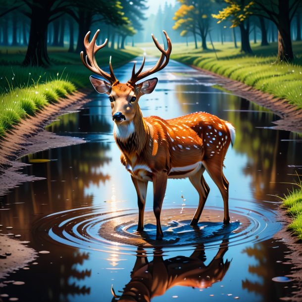 Drawing of a deer in a cap in the puddle