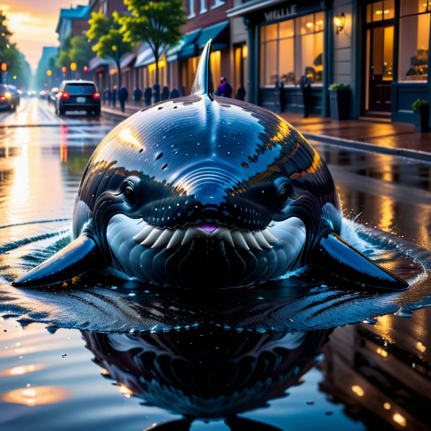 Foto de una ballena en un chaleco en el charco