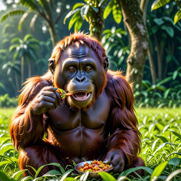 Uma imagem de um orangotango comendo no campo