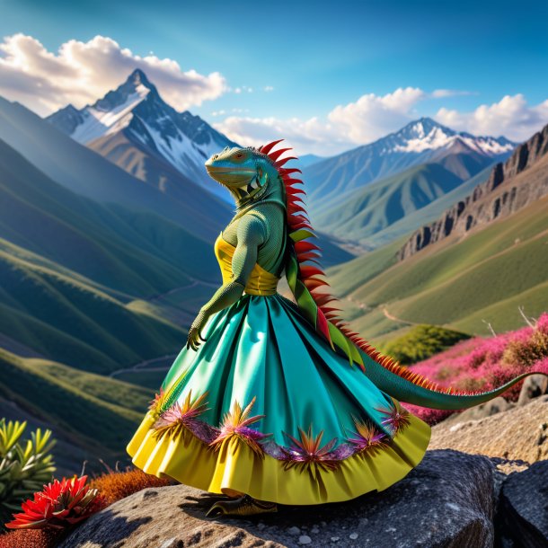 Photo of a iguana in a dress in the mountains