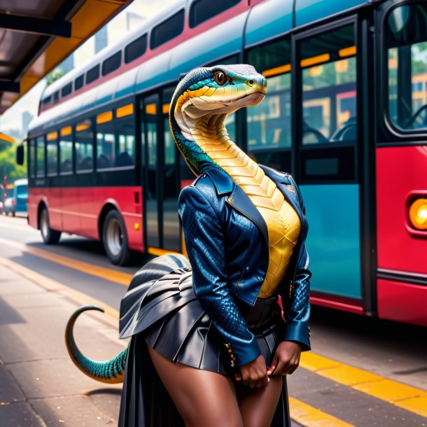 Imagem de uma cobra rei em uma saia no ponto de ônibus