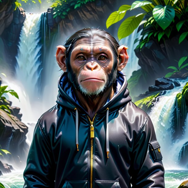 Pic of a chimpanzee in a hoodie in the waterfall