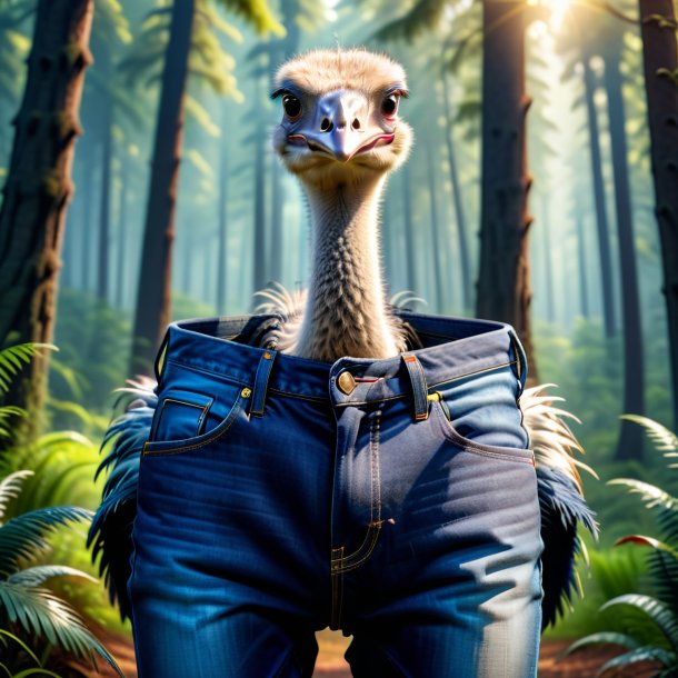 Photo of a ostrich in a jeans in the forest