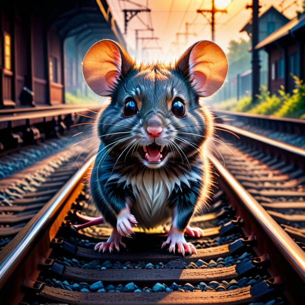 Photo of a angry of a mouse on the railway tracks