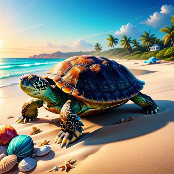 Illustration of a turtle in a shoes on the beach