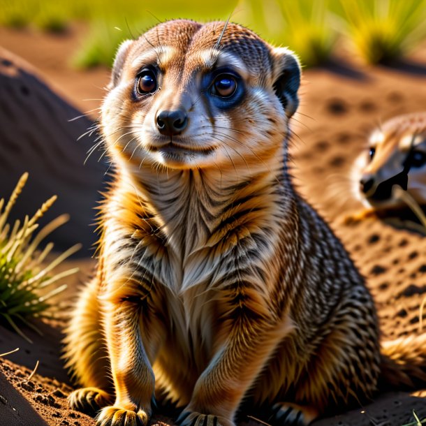 Picture of a resting of a meerkat on the field