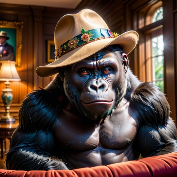 Foto de un gorila en un sombrero en la casa