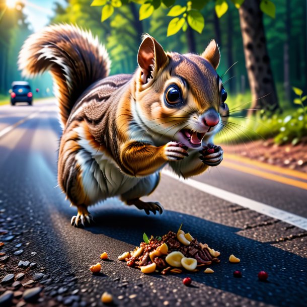 Foto de una comida de una ardilla voladora en el camino