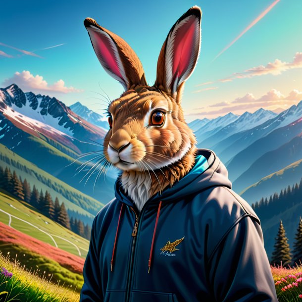 Drawing of a hare in a hoodie in the mountains