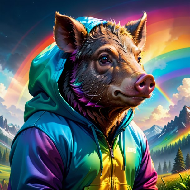 Illustration of a boar in a hoodie on the rainbow