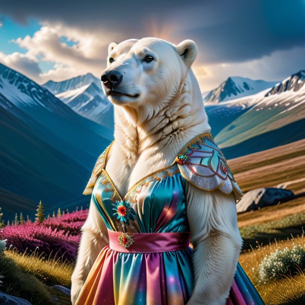 Photo of a polar bear in a dress in the mountains