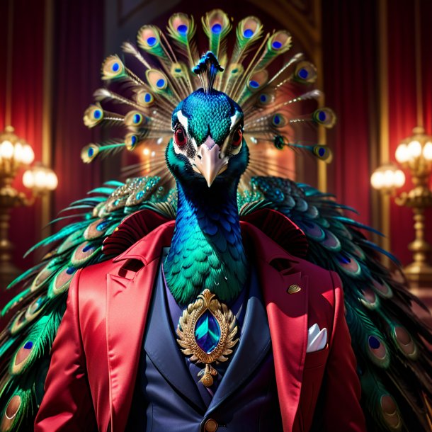 Foto de un pavo real en una chaqueta roja