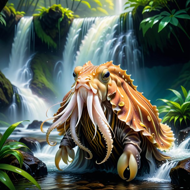 Illustration of a cuttlefish in a coat in the waterfall