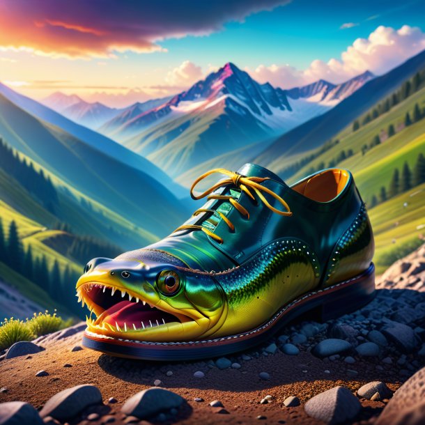 Image of a eel in a shoes in the mountains