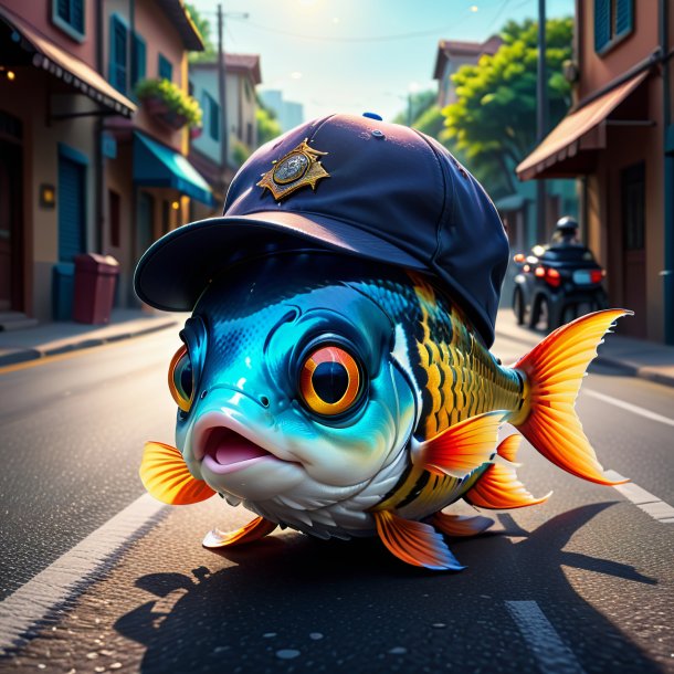 Drawing of a fish in a cap on the road