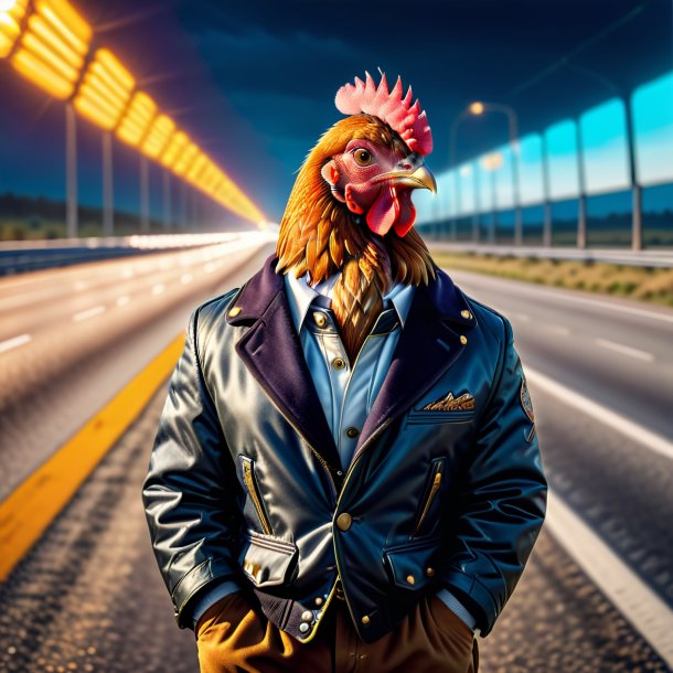 Image d'une poule dans une veste sur l'autoroute