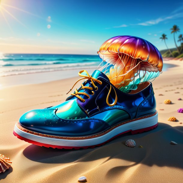 Drawing of a jellyfish in a shoes on the beach