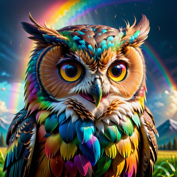 Photo of a crying of a owl on the rainbow