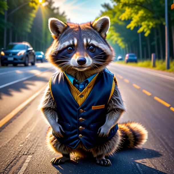 Image of a raccoon in a vest on the road