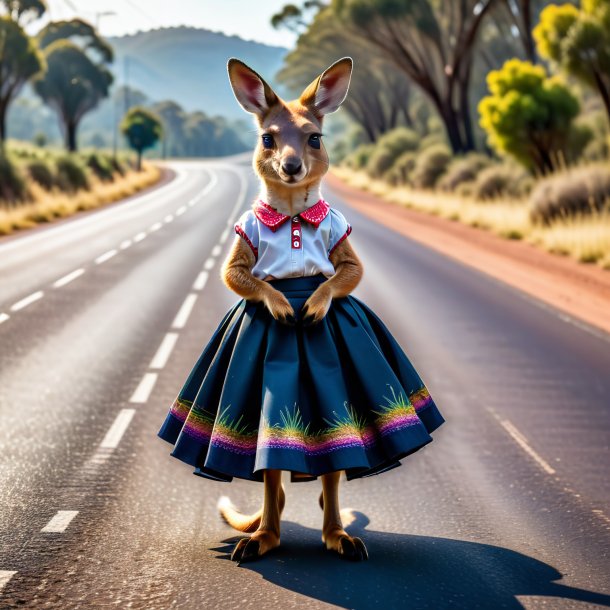 Photo of a kangaroo in a skirt on the road