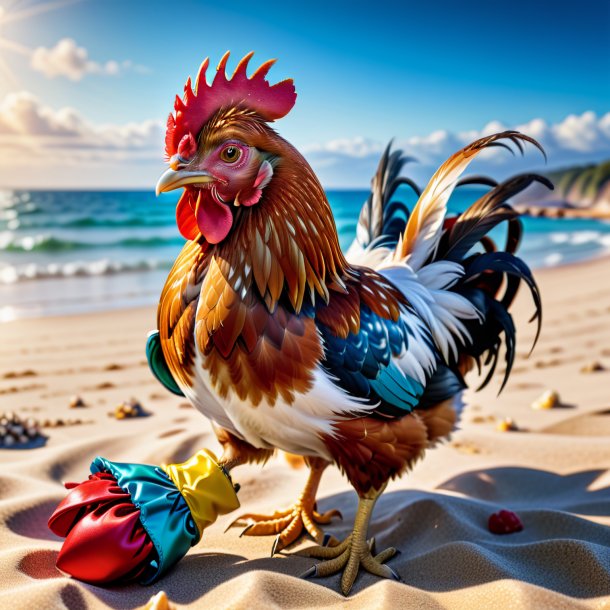 Foto de una gallina en guantes en la playa