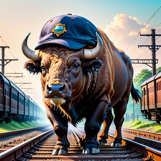 Drawing of a buffalo in a cap on the railway tracks