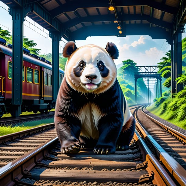 Picture of a swimming of a giant panda on the railway tracks